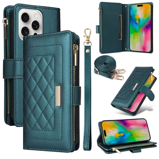 For iPhone 16 Pro Max Crossbody Zipper Wallet Rhombus Leather Phone Case(Green) by buy2fix