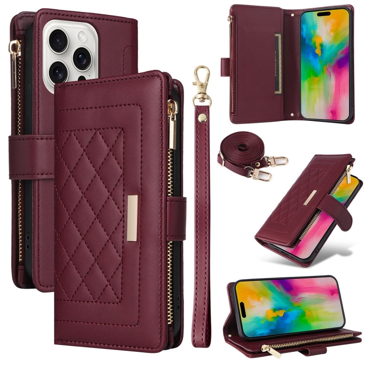 For iPhone 16 Pro Max Crossbody Zipper Wallet Rhombus Leather Phone Case(Wine Red) by buy2fix
