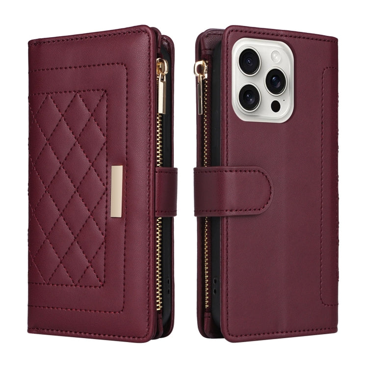 For iPhone 16 Pro Max Crossbody Zipper Wallet Rhombus Leather Phone Case(Wine Red) by buy2fix