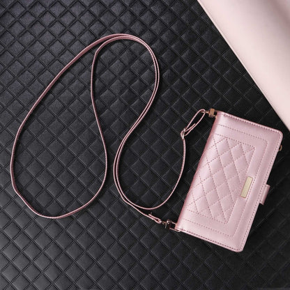 For iPhone 15 Pro Max Crossbody Zipper Wallet Rhombus Leather Phone Case(Rose Gold) - iPhone 15 Pro Max Cases by buy2fix | Online Shopping UK | buy2fix