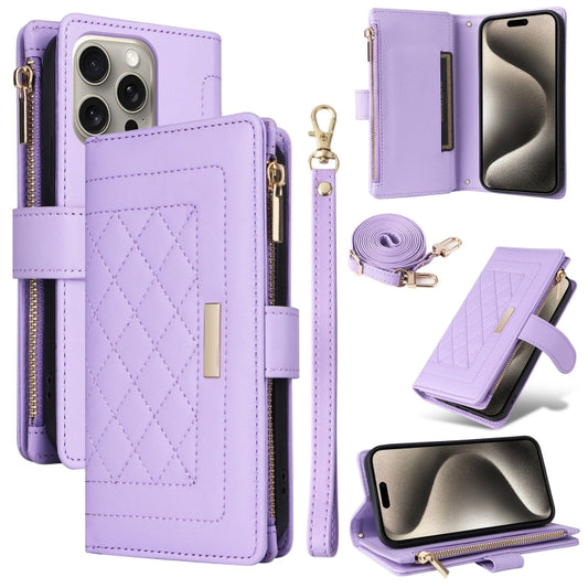For iPhone 15 Pro Max Crossbody Zipper Wallet Rhombus Leather Phone Case(Purple) - iPhone 15 Pro Max Cases by buy2fix | Online Shopping UK | buy2fix