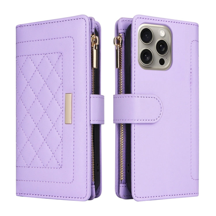 For iPhone 15 Pro Max Crossbody Zipper Wallet Rhombus Leather Phone Case(Purple) - iPhone 15 Pro Max Cases by buy2fix | Online Shopping UK | buy2fix
