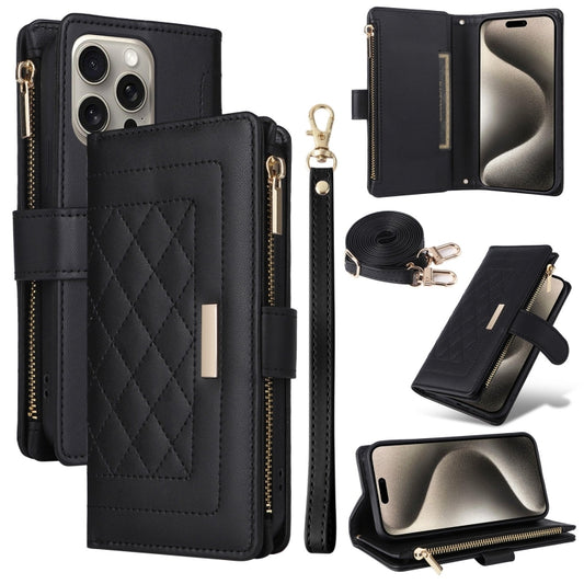 For iPhone 15 Pro Max Crossbody Zipper Wallet Rhombus Leather Phone Case(Black) - iPhone 15 Pro Max Cases by buy2fix | Online Shopping UK | buy2fix
