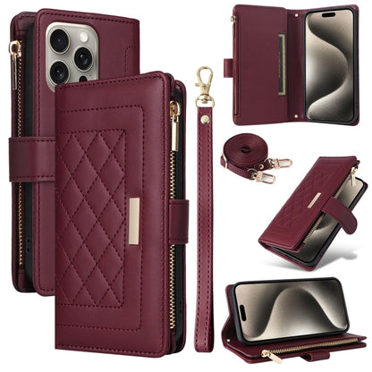 For iPhone 15 Pro Max Crossbody Zipper Wallet Rhombus Leather Phone Case(Wine Red) - iPhone 15 Pro Max Cases by buy2fix | Online Shopping UK | buy2fix