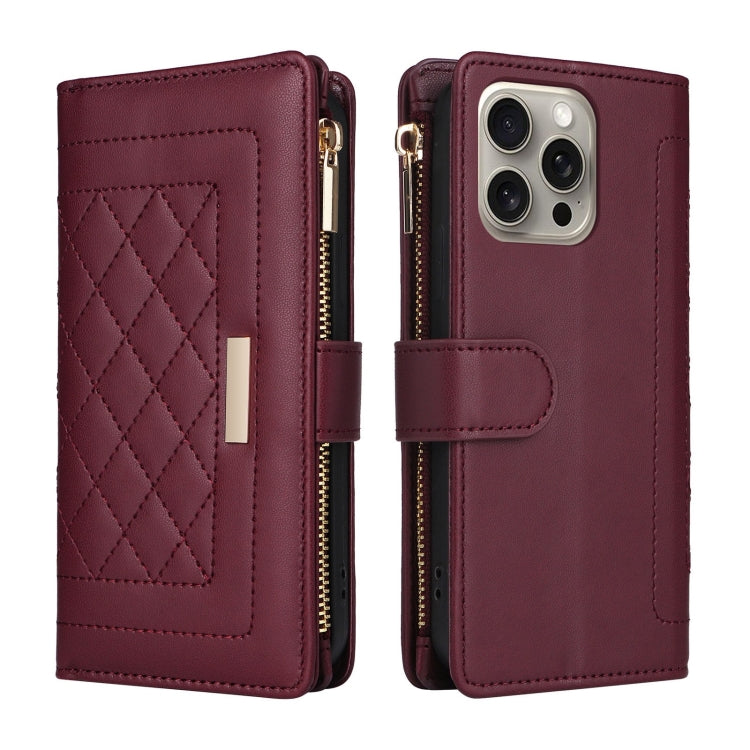 For iPhone 15 Pro Max Crossbody Zipper Wallet Rhombus Leather Phone Case(Wine Red) - iPhone 15 Pro Max Cases by buy2fix | Online Shopping UK | buy2fix