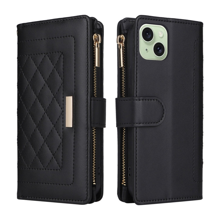 For iPhone 15 Crossbody Zipper Wallet Rhombus Leather Phone Case(Black) - iPhone 15 Cases by buy2fix | Online Shopping UK | buy2fix