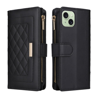 For iPhone 15 Crossbody Zipper Wallet Rhombus Leather Phone Case(Black) - iPhone 15 Cases by buy2fix | Online Shopping UK | buy2fix