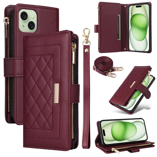 For iPhone 15 Crossbody Zipper Wallet Rhombus Leather Phone Case(Wine Red)