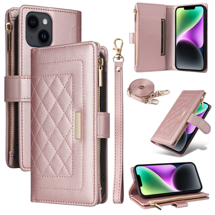 For iPhone 14 / 13 Crossbody Zipper Wallet Rhombus Leather Phone Case(Rose Gold) - iPhone 14 Cases by buy2fix | Online Shopping UK | buy2fix