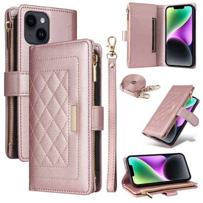 For iPhone 14 / 13 Crossbody Zipper Wallet Rhombus Leather Phone Case(Rose Gold) - iPhone 14 Cases by buy2fix | Online Shopping UK | buy2fix