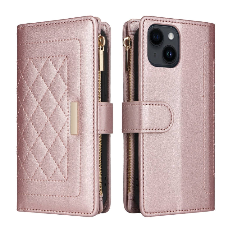 For iPhone 14 / 13 Crossbody Zipper Wallet Rhombus Leather Phone Case(Rose Gold) - iPhone 14 Cases by buy2fix | Online Shopping UK | buy2fix