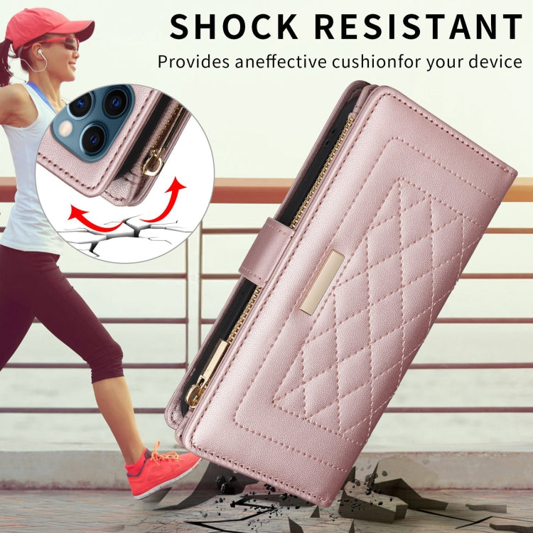 For iPhone 14 / 13 Crossbody Zipper Wallet Rhombus Leather Phone Case(Rose Gold) - iPhone 14 Cases by buy2fix | Online Shopping UK | buy2fix