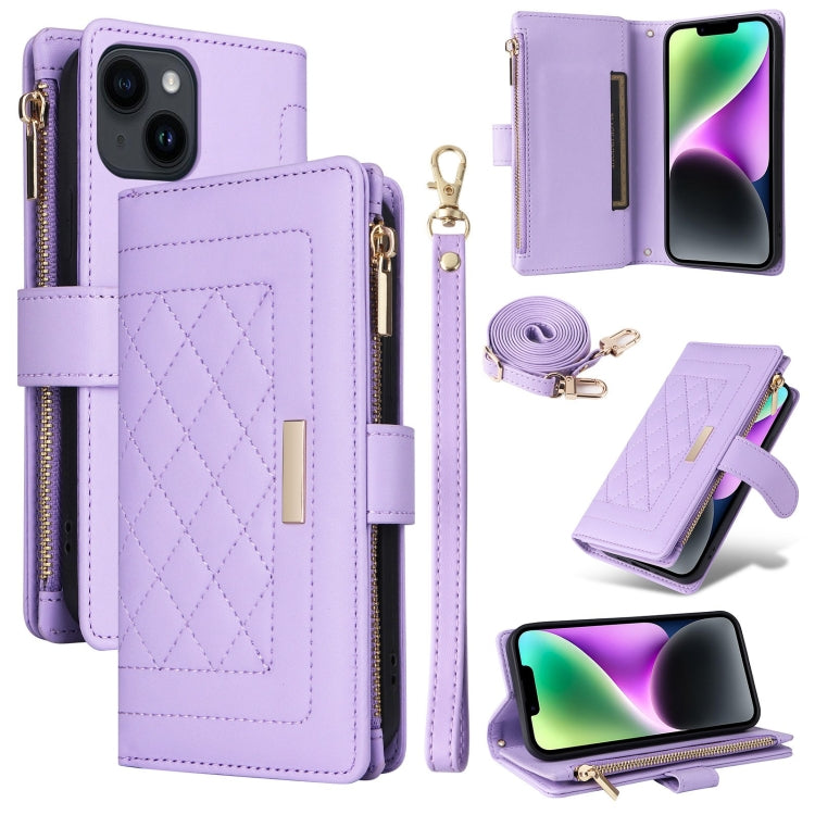 For iPhone 14 / 13 Crossbody Zipper Wallet Rhombus Leather Phone Case(Purple) - iPhone 14 Cases by buy2fix | Online Shopping UK | buy2fix