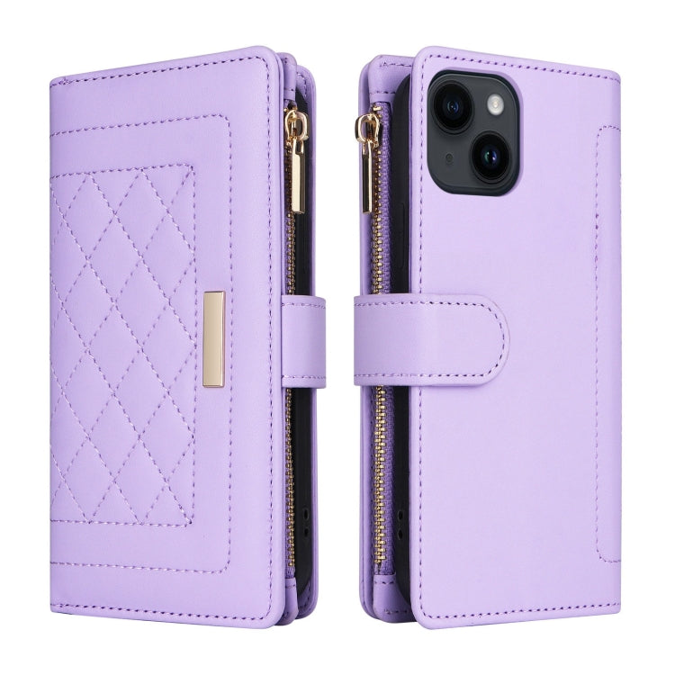 For iPhone 14 / 13 Crossbody Zipper Wallet Rhombus Leather Phone Case(Purple) - iPhone 14 Cases by buy2fix | Online Shopping UK | buy2fix
