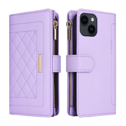 For iPhone 14 / 13 Crossbody Zipper Wallet Rhombus Leather Phone Case(Purple) - iPhone 14 Cases by buy2fix | Online Shopping UK | buy2fix