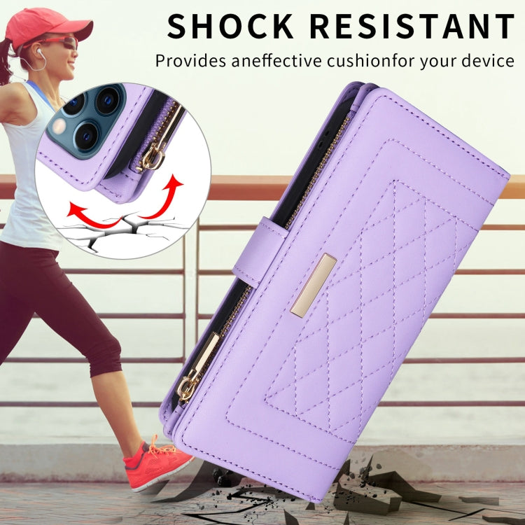 For iPhone 14 / 13 Crossbody Zipper Wallet Rhombus Leather Phone Case(Purple) - iPhone 14 Cases by buy2fix | Online Shopping UK | buy2fix