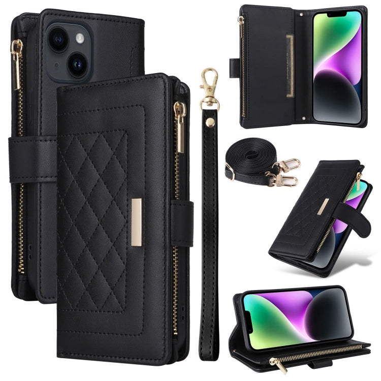 For iPhone 14 / 13 Crossbody Zipper Wallet Rhombus Leather Phone Case(Black) - iPhone 14 Cases by buy2fix | Online Shopping UK | buy2fix