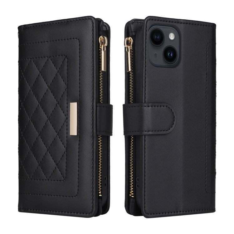 For iPhone 14 / 13 Crossbody Zipper Wallet Rhombus Leather Phone Case(Black) - iPhone 14 Cases by buy2fix | Online Shopping UK | buy2fix