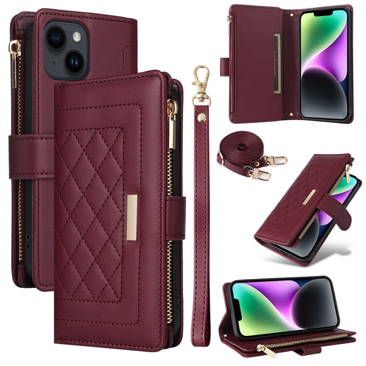 For iPhone 14 / 13 Crossbody Zipper Wallet Rhombus Leather Phone Case(Wine Red) - iPhone 14 Cases by buy2fix | Online Shopping UK | buy2fix