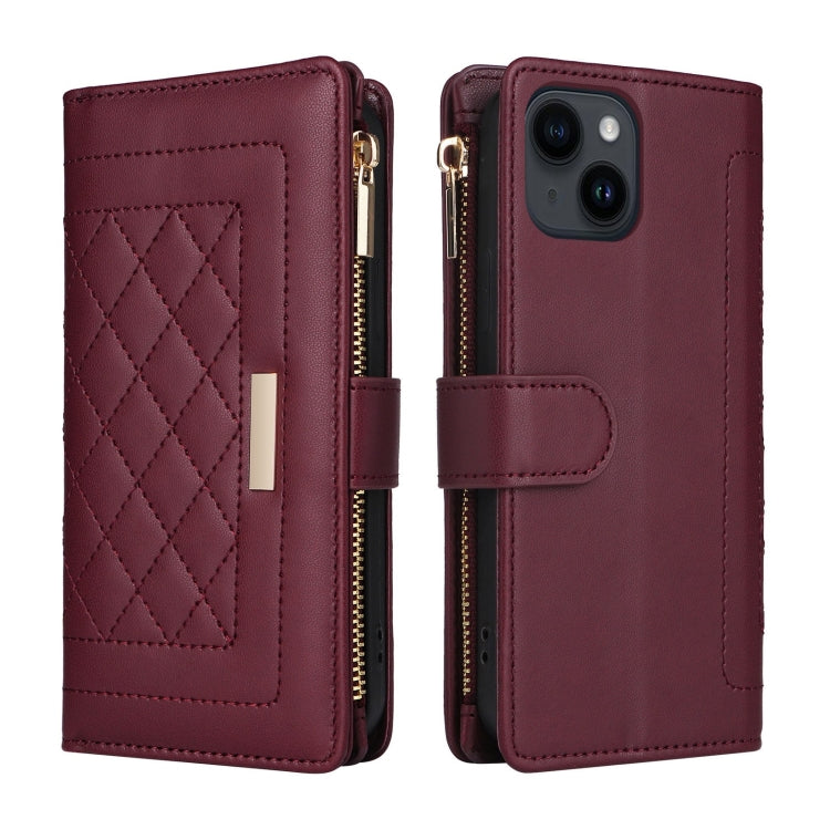 For iPhone 14 / 13 Crossbody Zipper Wallet Rhombus Leather Phone Case(Wine Red) - iPhone 14 Cases by buy2fix | Online Shopping UK | buy2fix