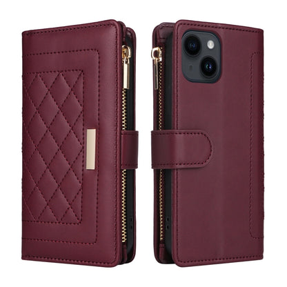 For iPhone 14 / 13 Crossbody Zipper Wallet Rhombus Leather Phone Case(Wine Red) - iPhone 14 Cases by buy2fix | Online Shopping UK | buy2fix