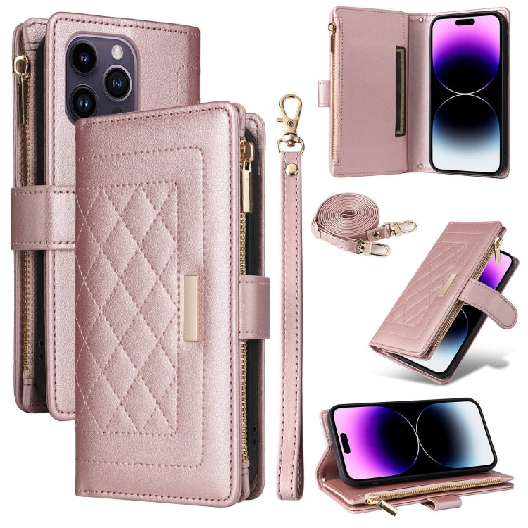 For iPhone 14 Pro Max Crossbody Zipper Wallet Rhombus Leather Phone Case(Rose Gold) - iPhone 14 Pro Max Cases by buy2fix | Online Shopping UK | buy2fix
