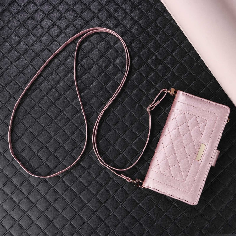 For iPhone 14 Pro Max Crossbody Zipper Wallet Rhombus Leather Phone Case(Rose Gold) - iPhone 14 Pro Max Cases by buy2fix | Online Shopping UK | buy2fix