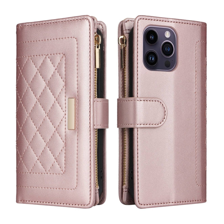 For iPhone 14 Pro Max Crossbody Zipper Wallet Rhombus Leather Phone Case(Rose Gold) - iPhone 14 Pro Max Cases by buy2fix | Online Shopping UK | buy2fix