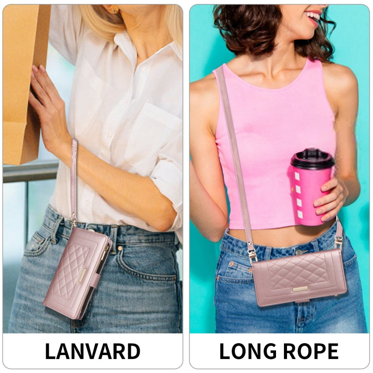 For iPhone 14 Pro Max Crossbody Zipper Wallet Rhombus Leather Phone Case(Rose Gold) - iPhone 14 Pro Max Cases by buy2fix | Online Shopping UK | buy2fix