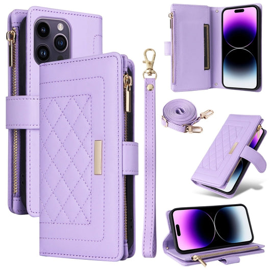 For iPhone 14 Pro Max Crossbody Zipper Wallet Rhombus Leather Phone Case(Purple) - iPhone 14 Pro Max Cases by buy2fix | Online Shopping UK | buy2fix
