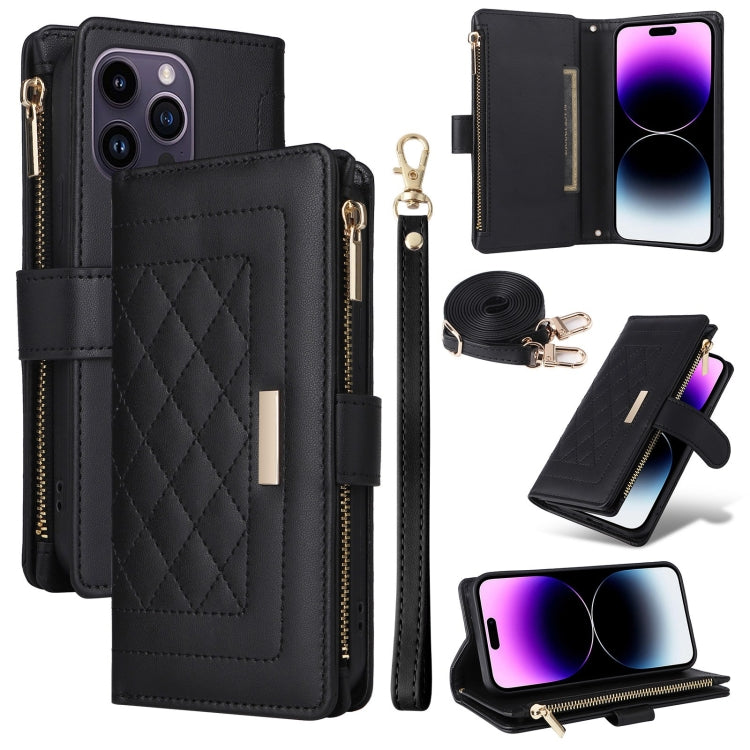 For iPhone 14 Pro Max Crossbody Zipper Wallet Rhombus Leather Phone Case(Black) - iPhone 14 Pro Max Cases by buy2fix | Online Shopping UK | buy2fix
