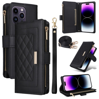 For iPhone 14 Pro Max Crossbody Zipper Wallet Rhombus Leather Phone Case(Black) - iPhone 14 Pro Max Cases by buy2fix | Online Shopping UK | buy2fix