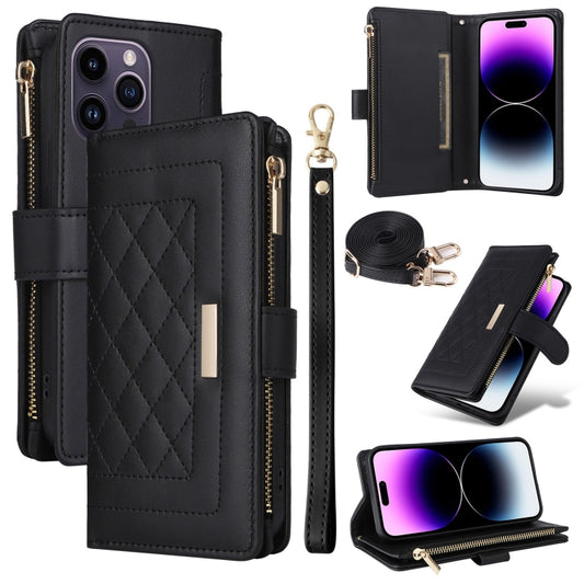 For iPhone 14 Pro Max Crossbody Zipper Wallet Rhombus Leather Phone Case(Black) - iPhone 14 Pro Max Cases by buy2fix | Online Shopping UK | buy2fix