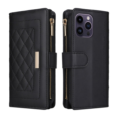 For iPhone 14 Pro Max Crossbody Zipper Wallet Rhombus Leather Phone Case(Black) - iPhone 14 Pro Max Cases by buy2fix | Online Shopping UK | buy2fix