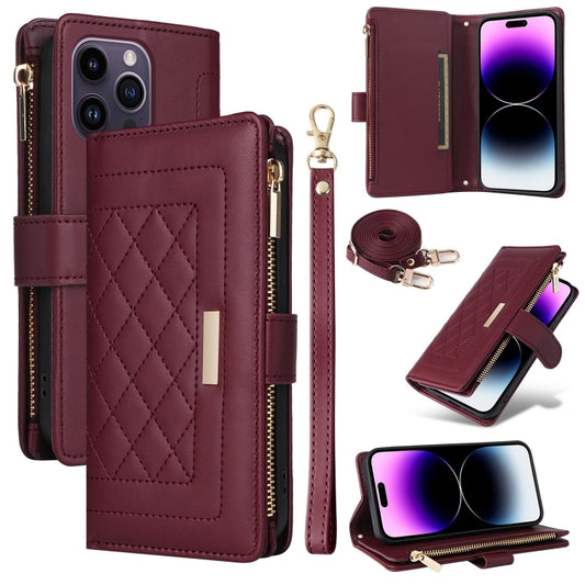 For iPhone 14 Pro Max Crossbody Zipper Wallet Rhombus Leather Phone Case(Wine Red) - iPhone 14 Pro Max Cases by buy2fix | Online Shopping UK | buy2fix