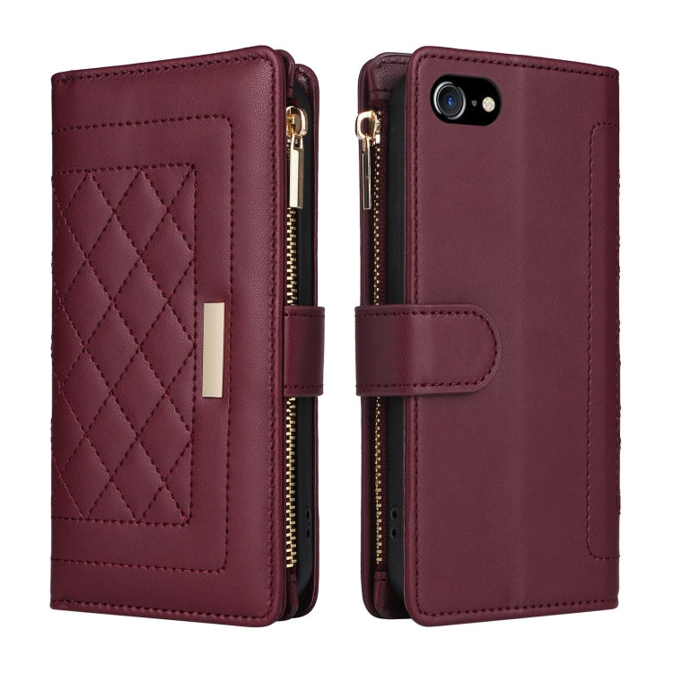 For iPhone 7 / 8 / SE 2022 Crossbody Zipper Wallet Rhombus Leather Phone Case(Wine Red) - iPhone SE 2022 / 2020 / 8 / 7 Cases by buy2fix | Online Shopping UK | buy2fix