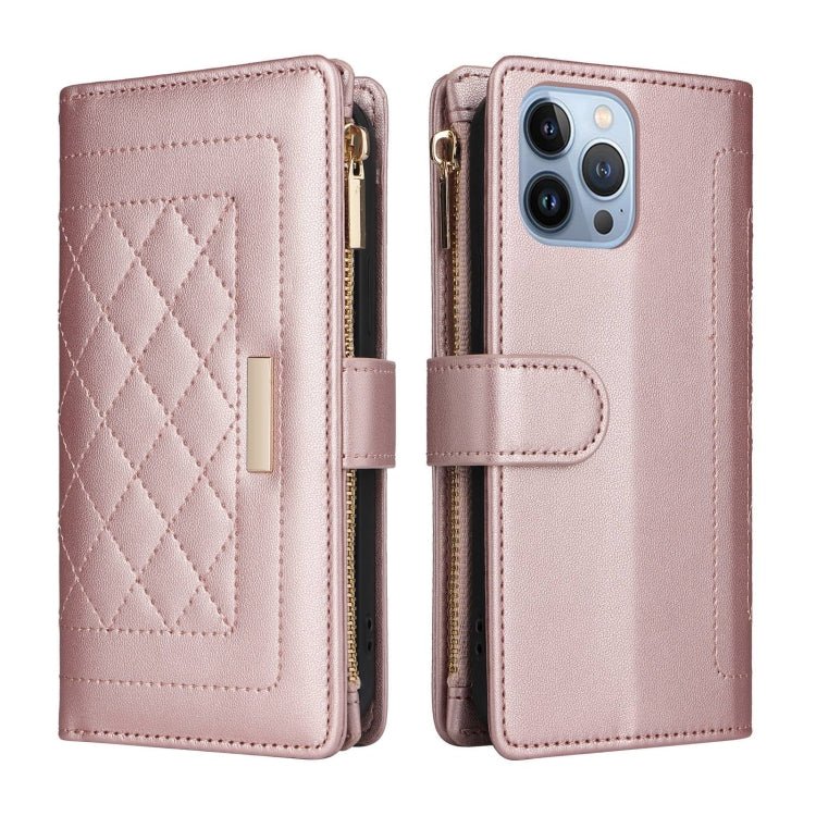 For iPhone 13 Pro Max Crossbody Zipper Wallet Rhombus Leather Phone Case(Rose Gold) - iPhone 13 Pro Max Cases by buy2fix | Online Shopping UK | buy2fix
