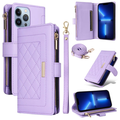 For iPhone 13 Pro Max Crossbody Zipper Wallet Rhombus Leather Phone Case(Purple) - iPhone 13 Pro Max Cases by buy2fix | Online Shopping UK | buy2fix