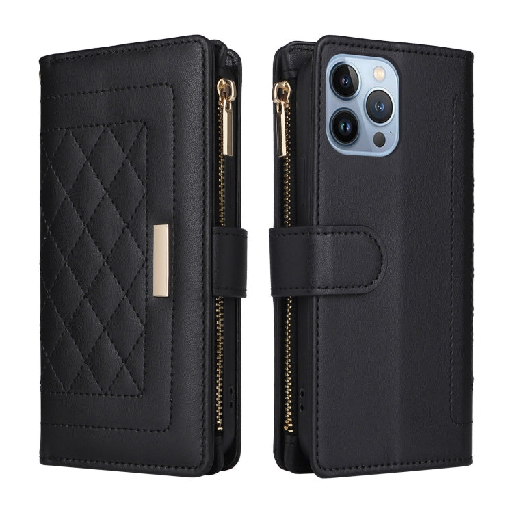 For iPhone 13 Pro Max Crossbody Zipper Wallet Rhombus Leather Phone Case(Black) - iPhone 13 Pro Max Cases by buy2fix | Online Shopping UK | buy2fix