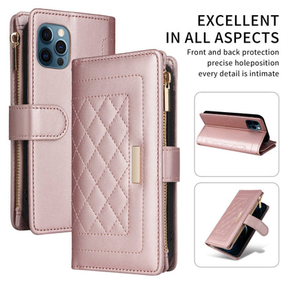 For iPhone 12 / 12 Pro Crossbody Zipper Wallet Rhombus Leather Phone Case(Rose Gold) - iPhone 12 / 12 Pro Cases by buy2fix | Online Shopping UK | buy2fix