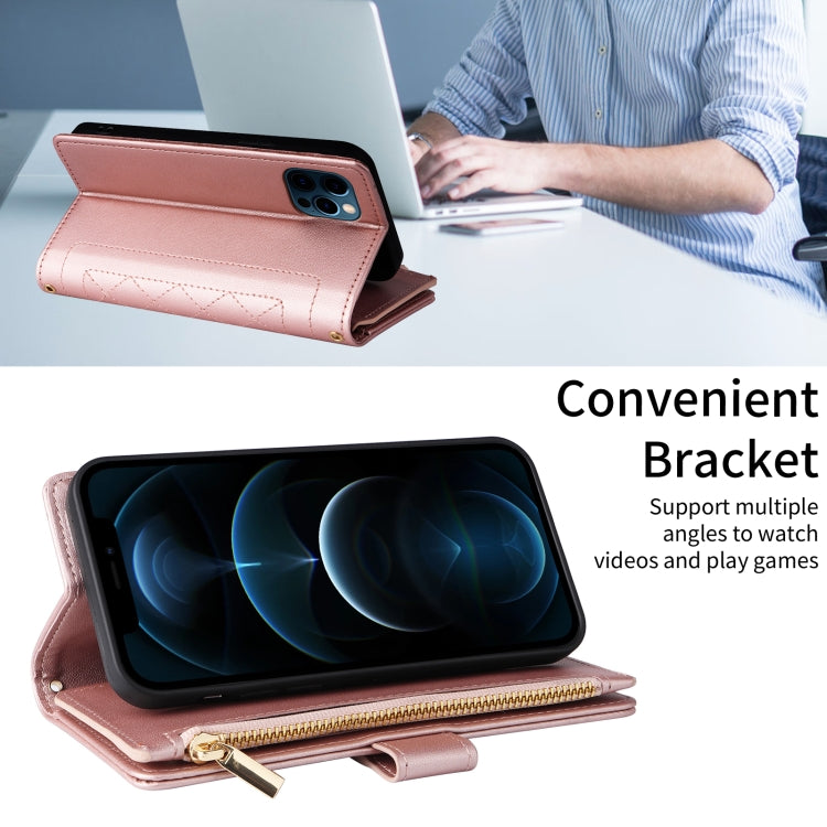 For iPhone 12 Pro Max Crossbody Zipper Wallet Rhombus Leather Phone Case(Rose Gold) - iPhone 12 Pro Max Cases by buy2fix | Online Shopping UK | buy2fix