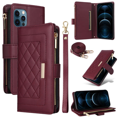 For iPhone 12 Pro Max Crossbody Zipper Wallet Rhombus Leather Phone Case(Wine Red) - iPhone 12 Pro Max Cases by buy2fix | Online Shopping UK | buy2fix