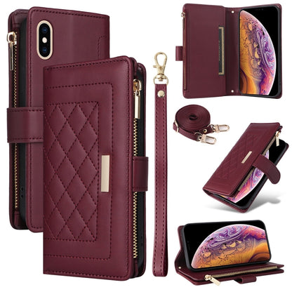 For iPhone X / XS Crossbody Zipper Wallet Rhombus Leather Phone Case(Wine Red) - More iPhone Cases by buy2fix | Online Shopping UK | buy2fix
