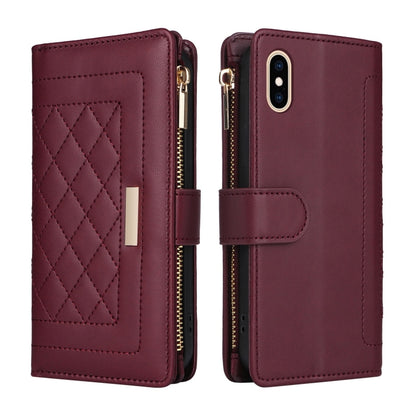 For iPhone X / XS Crossbody Zipper Wallet Rhombus Leather Phone Case(Wine Red) - More iPhone Cases by buy2fix | Online Shopping UK | buy2fix