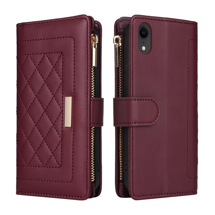 For iPhone XR Crossbody Zipper Wallet Rhombus Leather Phone Case(Wine Red) - More iPhone Cases by buy2fix | Online Shopping UK | buy2fix