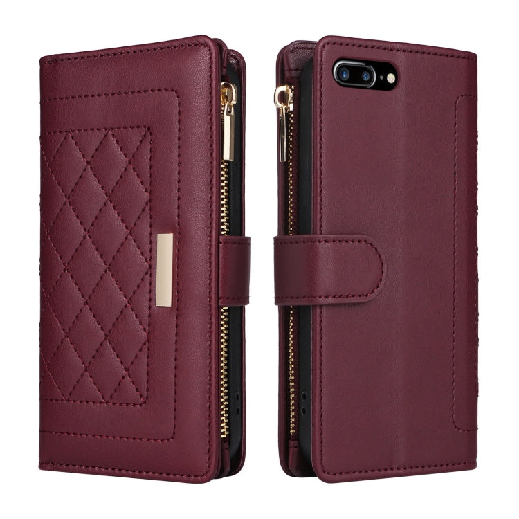 For iPhone 7 Plus / 8 Plus Crossbody Zipper Wallet Rhombus Leather Phone Case(Wine Red) - More iPhone Cases by buy2fix | Online Shopping UK | buy2fix