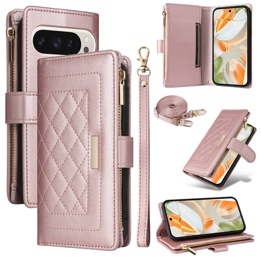 For Google Pixel 9 / 9 Pro Crossbody Zipper Wallet Rhombus Leather Phone Case(Rose Gold) by buy2fix