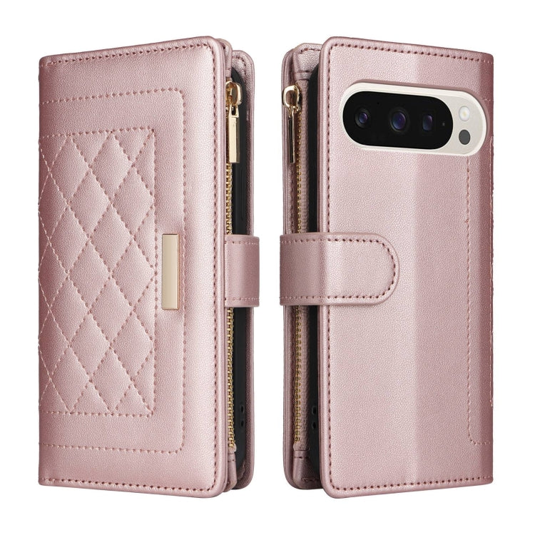 For Google Pixel 9 / 9 Pro Crossbody Zipper Wallet Rhombus Leather Phone Case(Rose Gold) by buy2fix