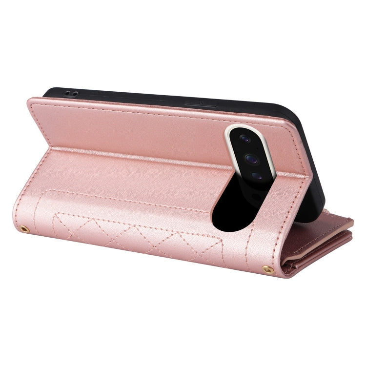 For Google Pixel 9 / 9 Pro Crossbody Zipper Wallet Rhombus Leather Phone Case(Rose Gold) by buy2fix