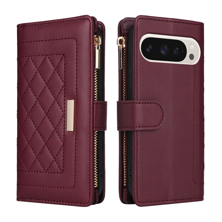 For Google Pixel 9 / 9 Pro Crossbody Zipper Wallet Rhombus Leather Phone Case(Wine Red) by buy2fix